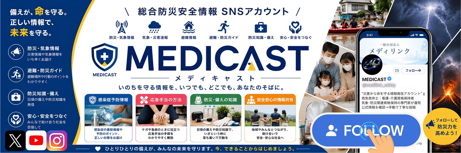 総合防災安全情報SNSアカウント MEDICAST（メディキャスト）── いのちを守る情報を、いつでも、どこでも、あなたのそばに。備えが、命を守る。正しい情報で、未来を守る。防災・気象情報、避難・防災ガイド、防災知識・備え、安心安全をつなぐ。X・YouTube・Instagramで発信中。